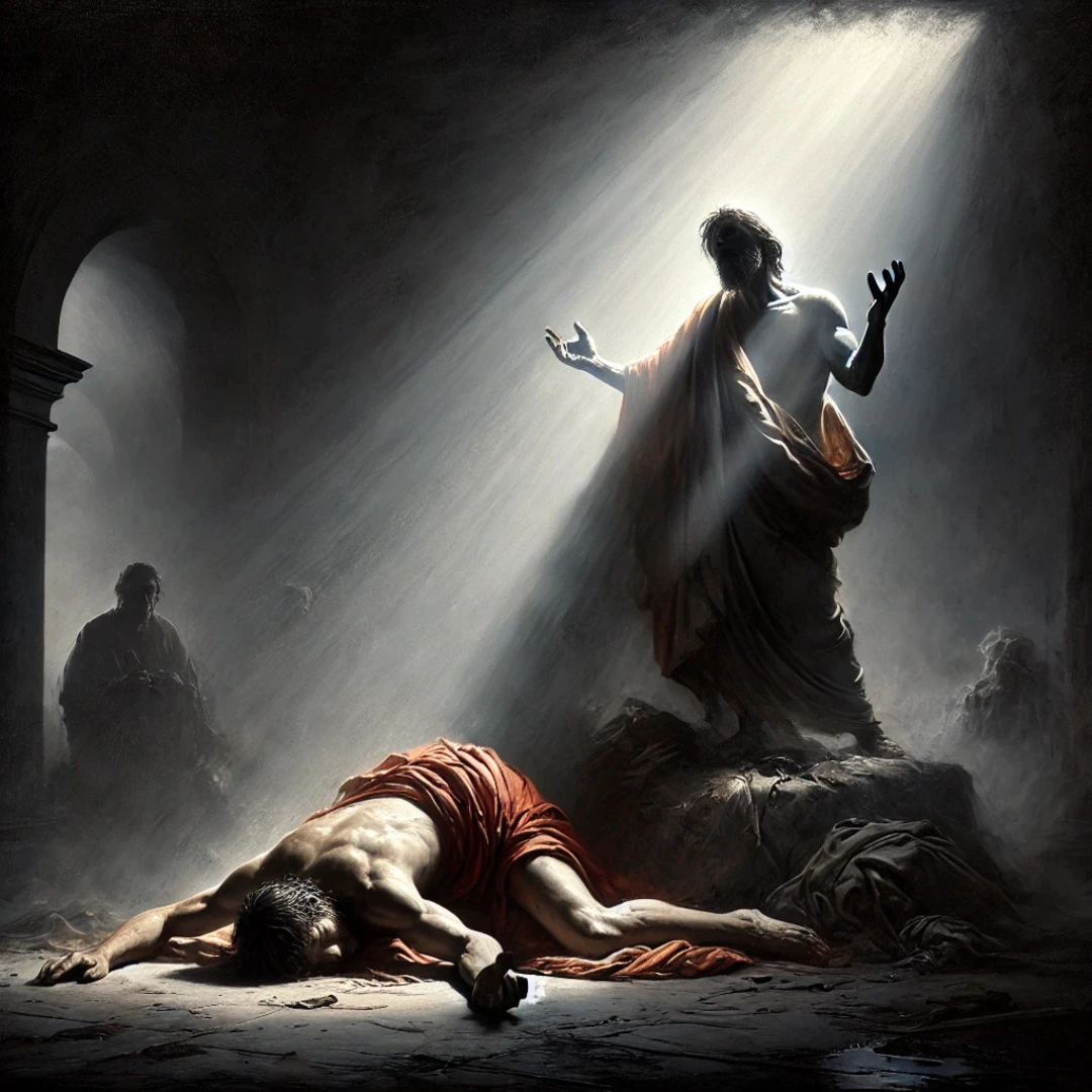 The Light of Redemption: AI-inspired reinterpretation of Caravaggio's dramatic storytelling.