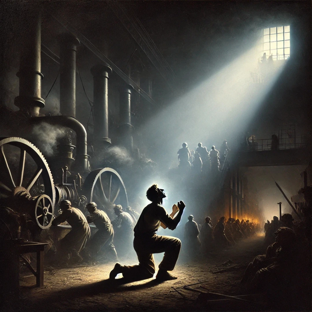 Workshop of Shadows: A fusion of Caravaggio’s chiaroscuro with an industrial setting.