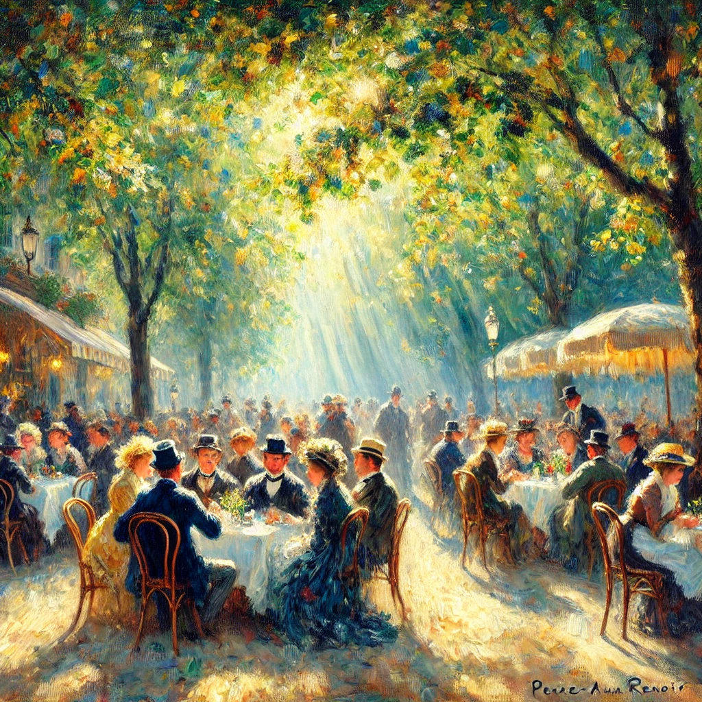 A vibrant outdoor café scene inspired by Renoir's style.