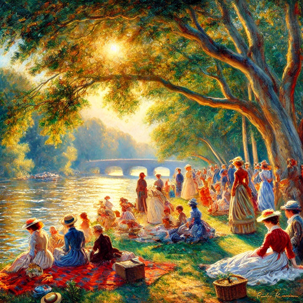 A serene riverside picnic brought to life in Renoir's Impressionist style.