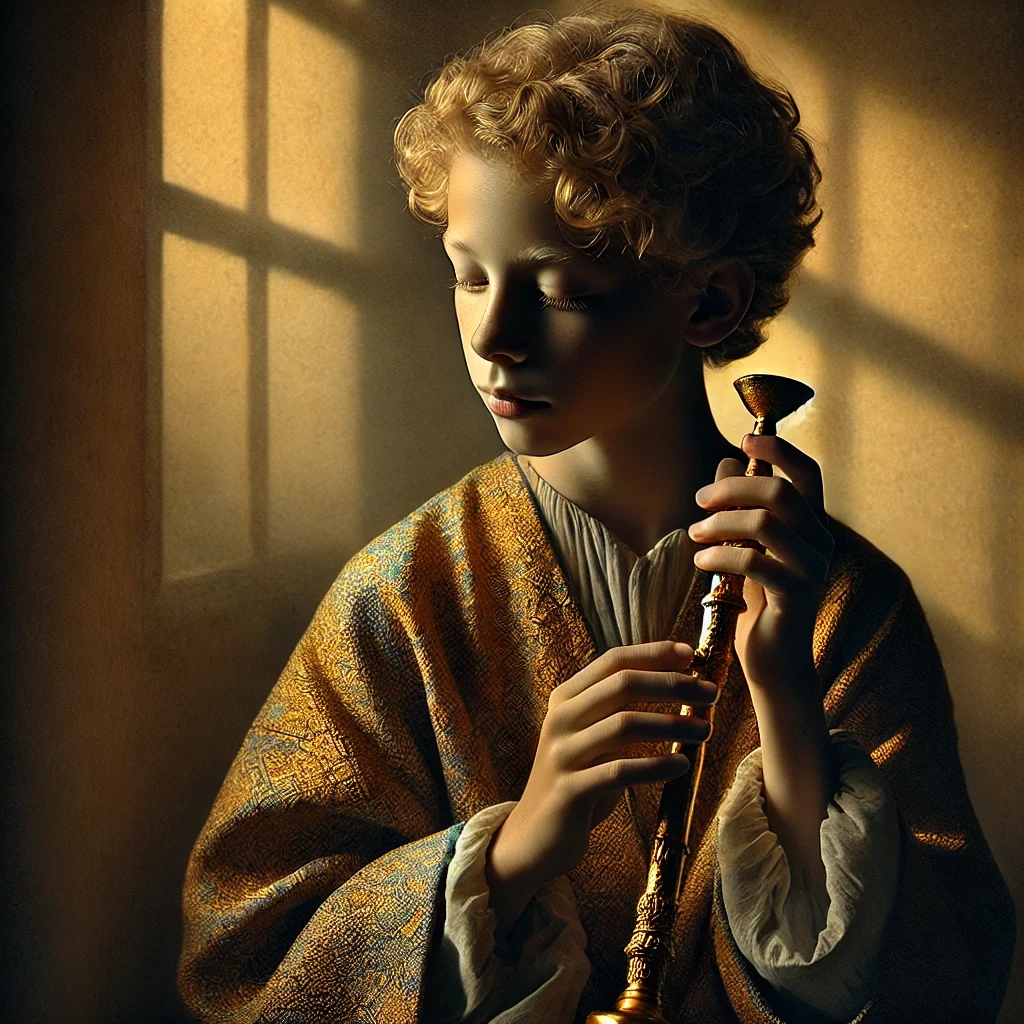 A serene and intimate portrait of a boy holding a golden pipe, inspired by the style of Vermeer.