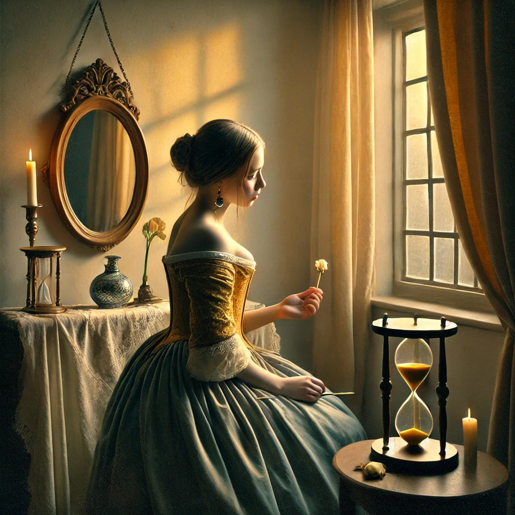 A contemplative scene titled 'The Reflection of Time,' inspired by Vermeer.