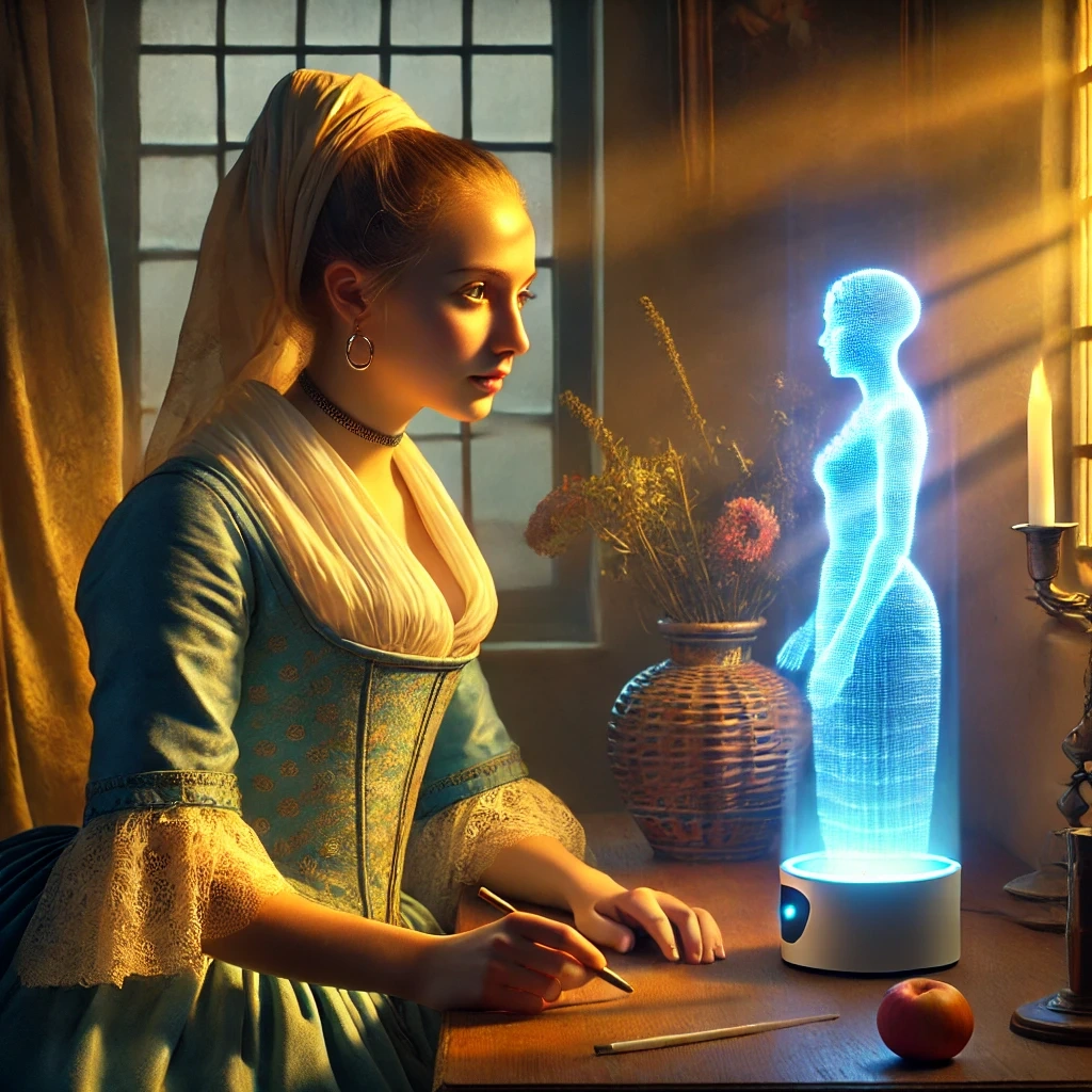 A vibrant and emotional scene titled 'The AI Era,' inspired by Vermeer.