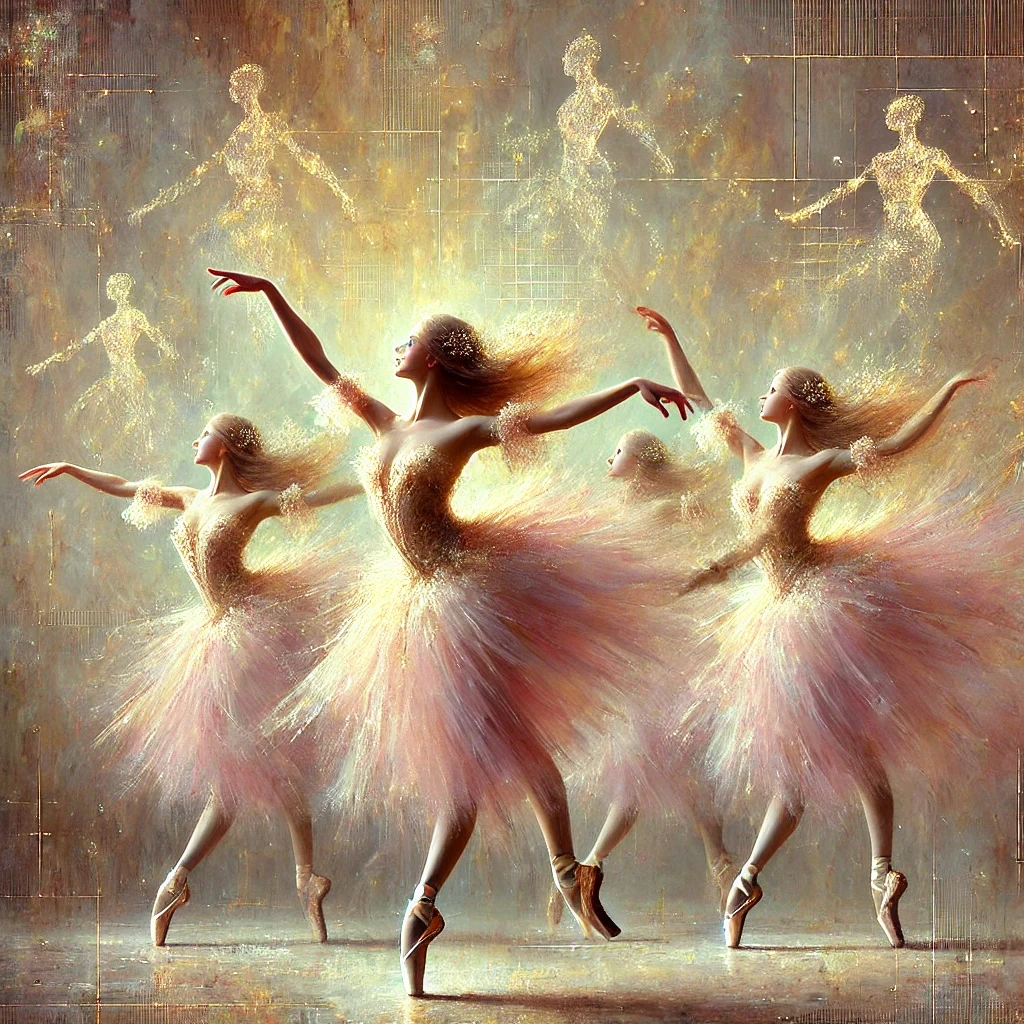 A scene titled 'The Digital Era' inspired by Edgar Degas, focusing entirely on ballerinas in dynamic, expressive poses.