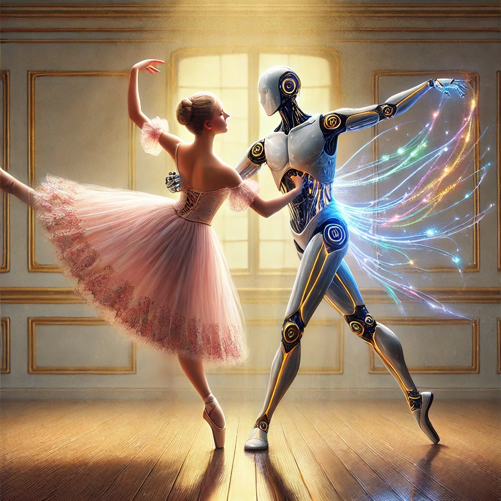 A masterpiece titled 'The AI Era' inspired by Edgar Degas showcasing a single ballerina and a sleek humanoid AI dancer in a captivating duet.